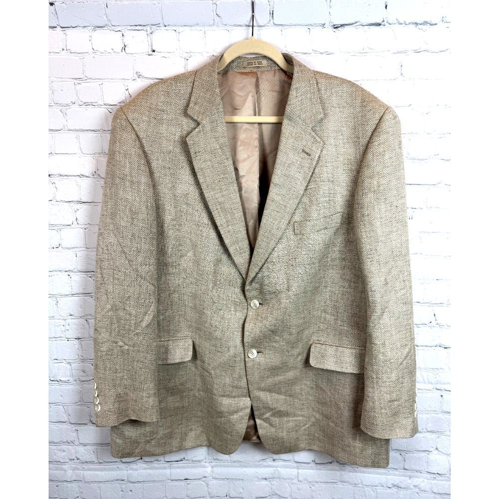 STAFFORD beige chevron 100% silk mens suit jacket blazer 48R